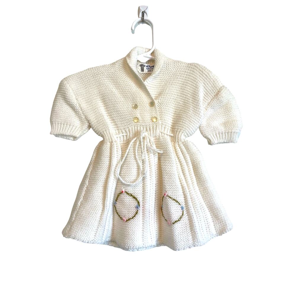 Athena Knits Greece ivory sweater dress short sleeve embroidered Size 3-6 mo